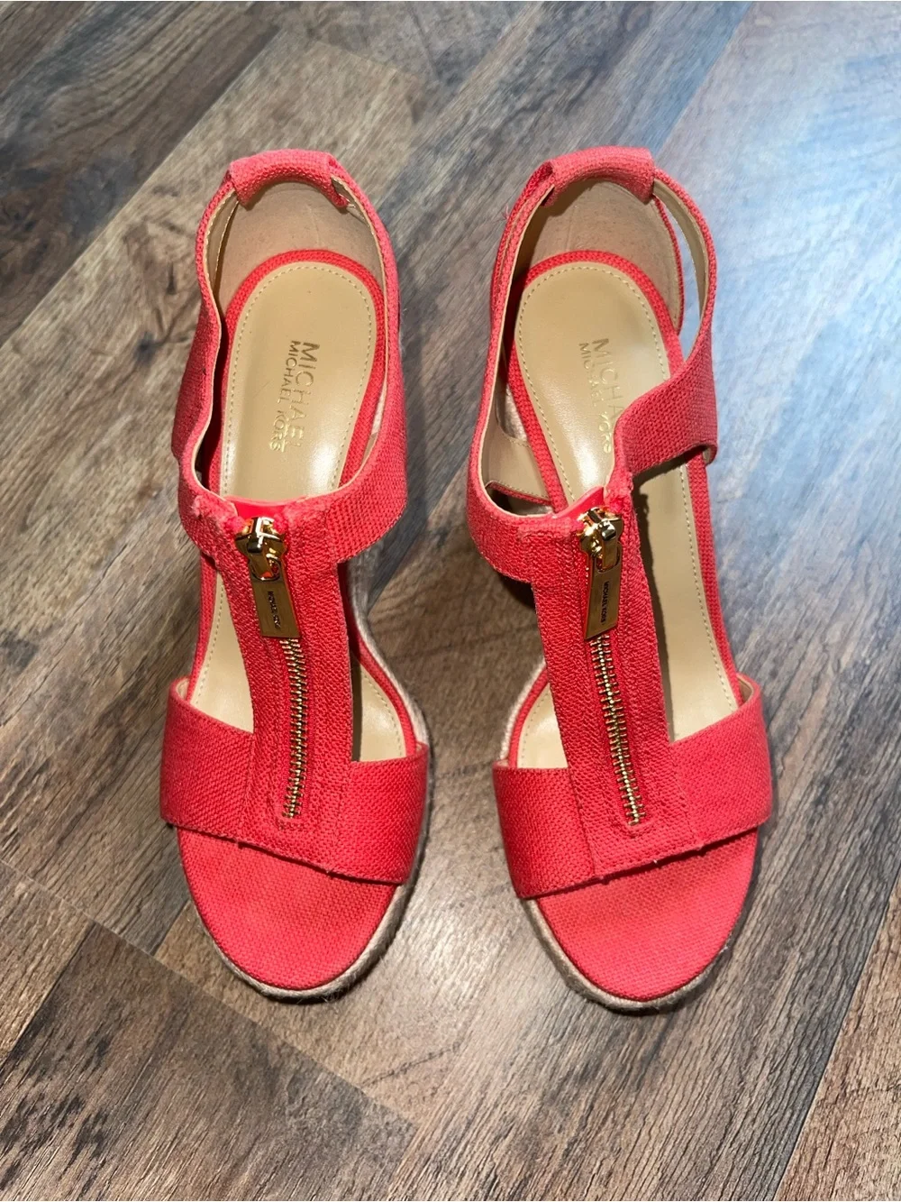 Michael Kors Coral-Red Espadrille Wedge Sandals with Front Zipper